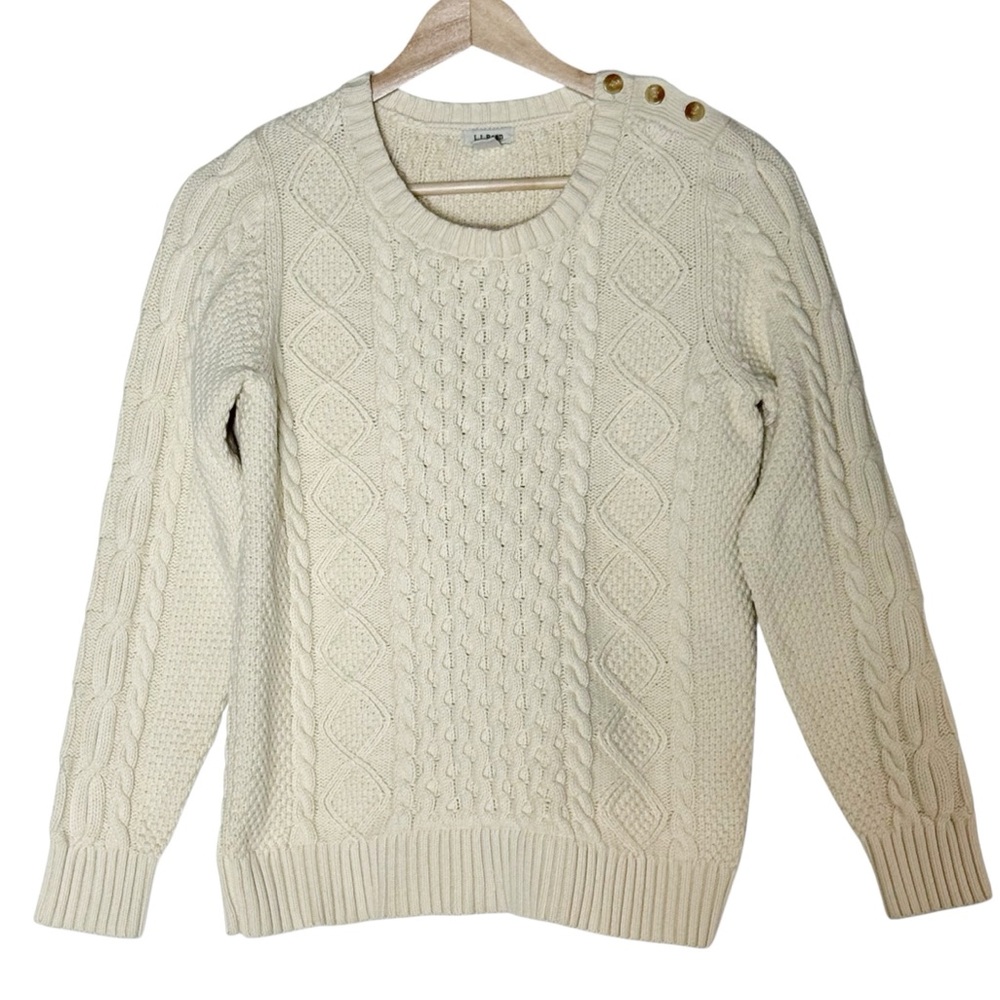 L.L. Bean CableKnit Fisherman Pullover Sweater Ivory Size S Buttons Outdoor